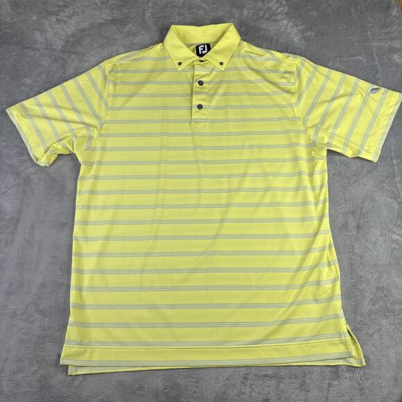 FootJoy Polo Shirt Mens Large Yellow Blue Striped Button Down Collar Golf Logo - Picture 3 of 10